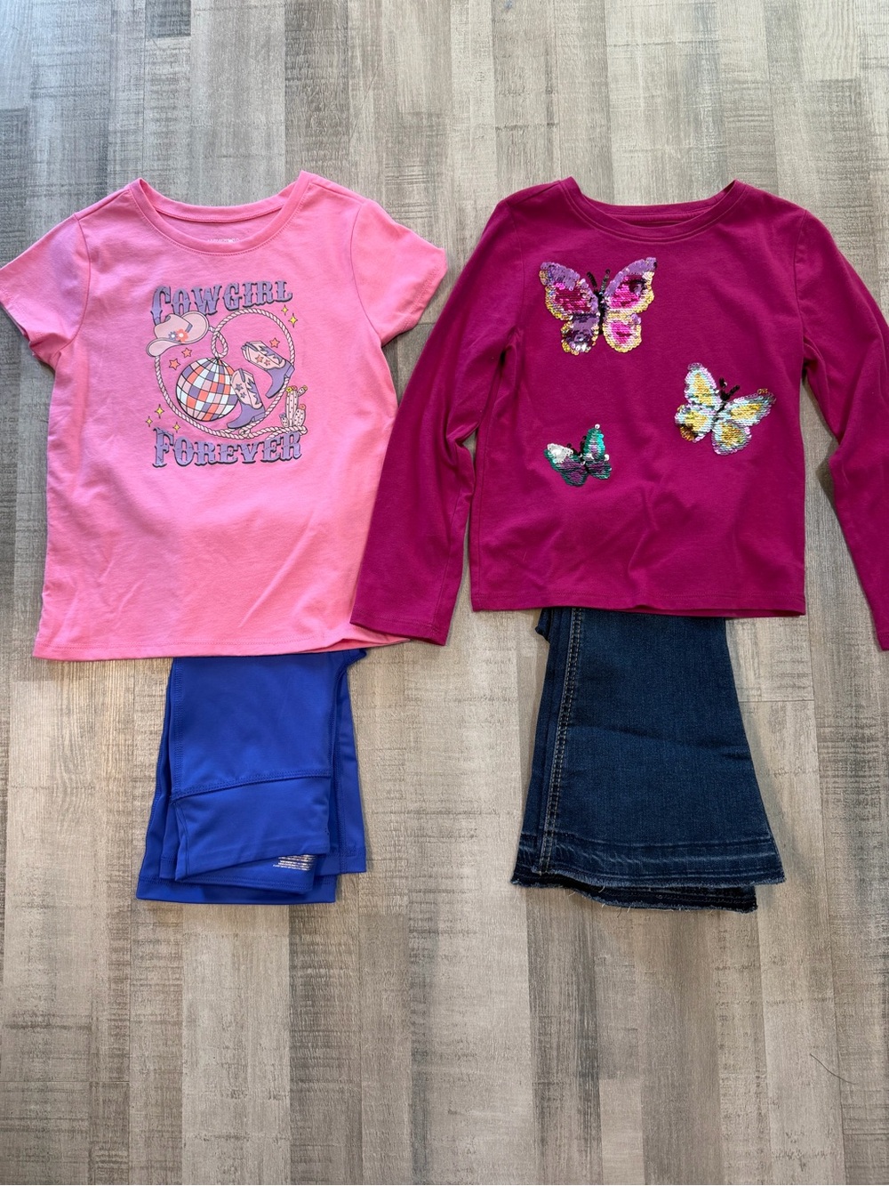 Girls 4 Piece Outfit Lot XS 4-5 Butterfly Cowgirl Tops Flare Jeans Leggings NWOT